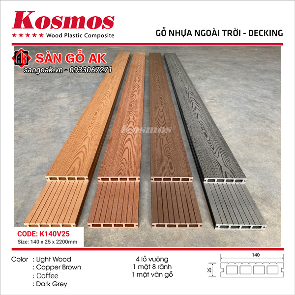 Sàn gỗ nhựa ngoài trời Kosmos lỗ vuông K140V25X2.2M Dark Grey